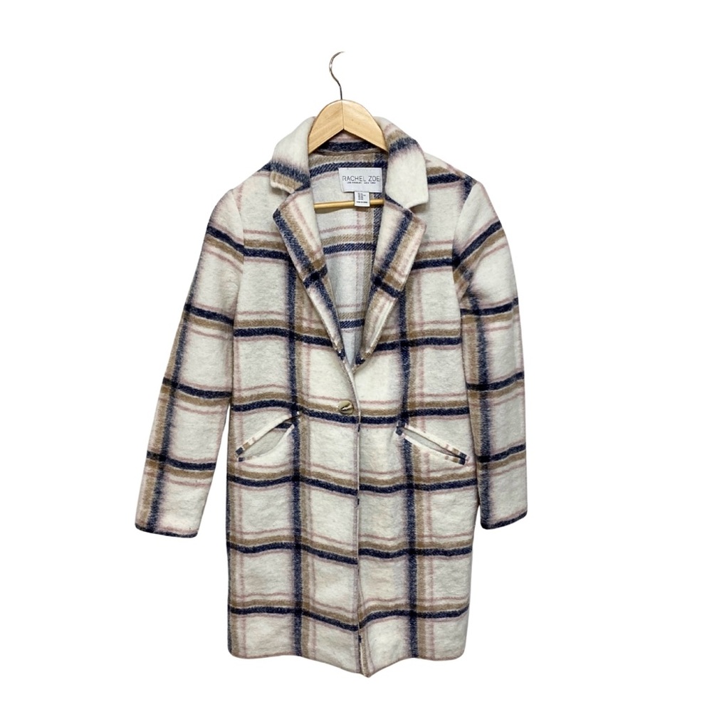 Rachel Zoe | Wool Blend Plaid Coat Pockets Pink, Gray, Camel & Cream Colourway